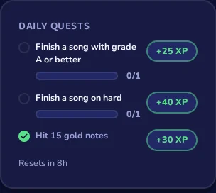 The daily quests card from the real game: three quests worth 25, 40 and 30 XP, resetting in 8 hours.