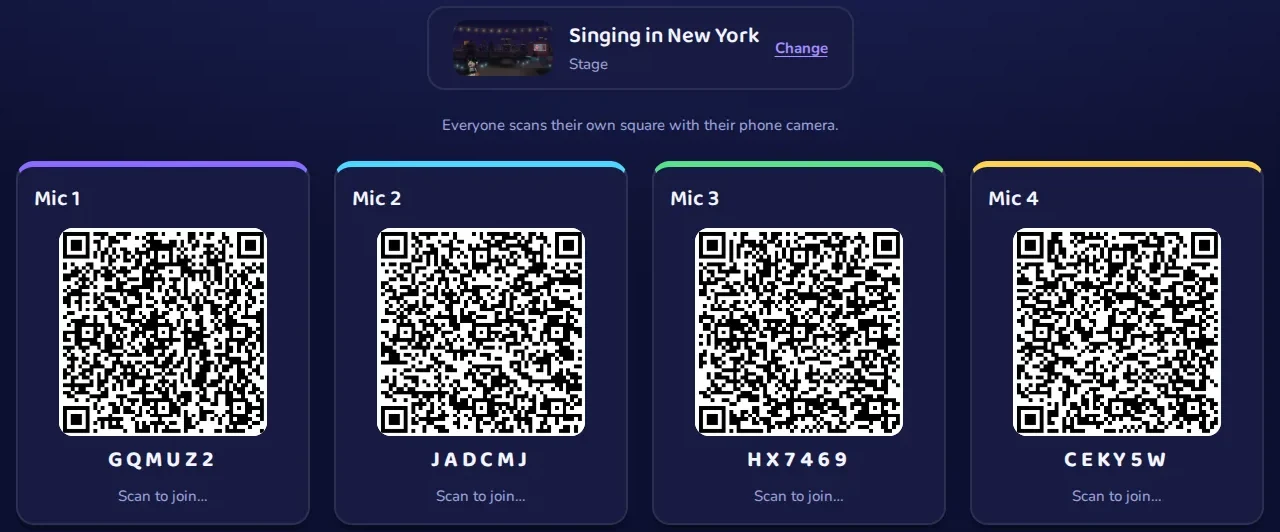 The host screen with four join codes side by side, one per mic slot, waiting for phones to scan in.