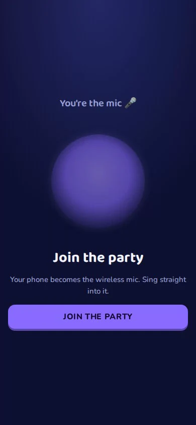 A phone running as the room's wireless mic: a live badge, a glowing mic orb and a mirror of the song's score.