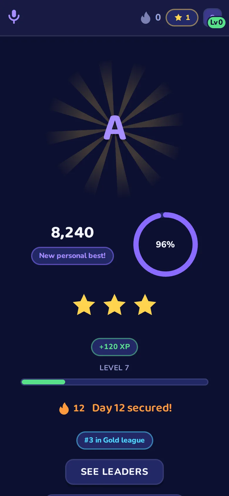The end-of-song results screen on a phone: grade A in a burst of light, 8,240 points, 96 percent accuracy, three stars and a day-12 streak secured.